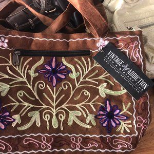 Vintage Addiction Suede Fabric Tote w/Floral Embroidery